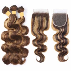 P4/27 Highlight Body Wave Human Hair 3 Bundles With Closure 9A Brazilian Hair 5 KissLove Hair Highlight Honey Brown Human Hair Bundles Body Wave 2 - hicrazycat