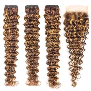 KissLove Hair Highlight Honey Brown Human Hair Bundles Deep Wave Bundles With Closure 1 - hicrazycat