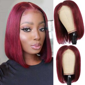 Kisslove Hair 99J Burgundy Short Bob 4x4 Transparent Lace Front Wigs Brazilian Virgin Human Hair Wigs 1 - hicrazycat