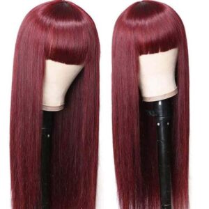Kisslove Hair 99J Burgundy Straight Hair Machine Made Wig Human Hair Wig with Bangs 2 - hicrazycat