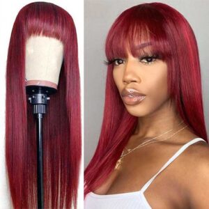 Kisslove Hair 99J Burgundy Straight Hair Machine Made Wig Human Hair Wig with Bangs 8 - hicrazycat